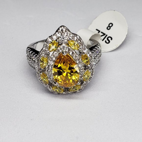 💎Stunning Pear Shaped Yellow Sapphire Fashion Ring Adorned with Pave Stones - Picture 7 of 8